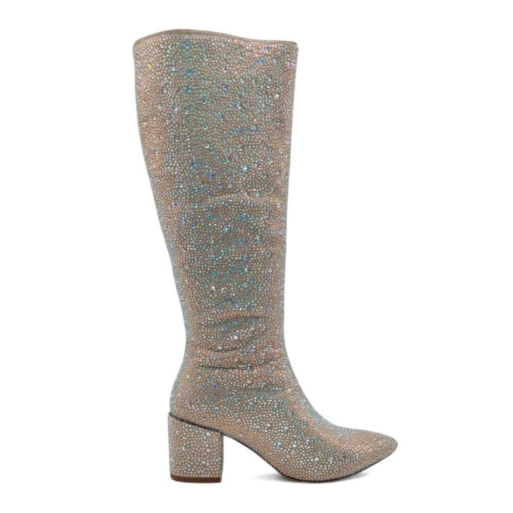 Wetkiss Women's Size 7 Iridescent Crystal Rhinestone Chunky Heel Knee High Boots - Picture 5 of 16